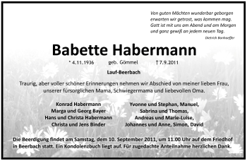 Traueranzeige von Babette Habermann von Pegnitz-Zeitung
